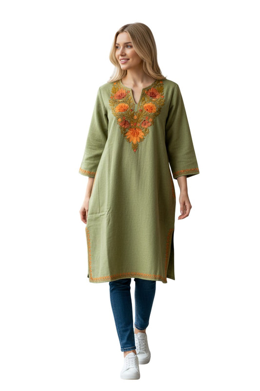 Kashmiri Woolen Pheran with Traditional Aari Embroidery - Sea Green