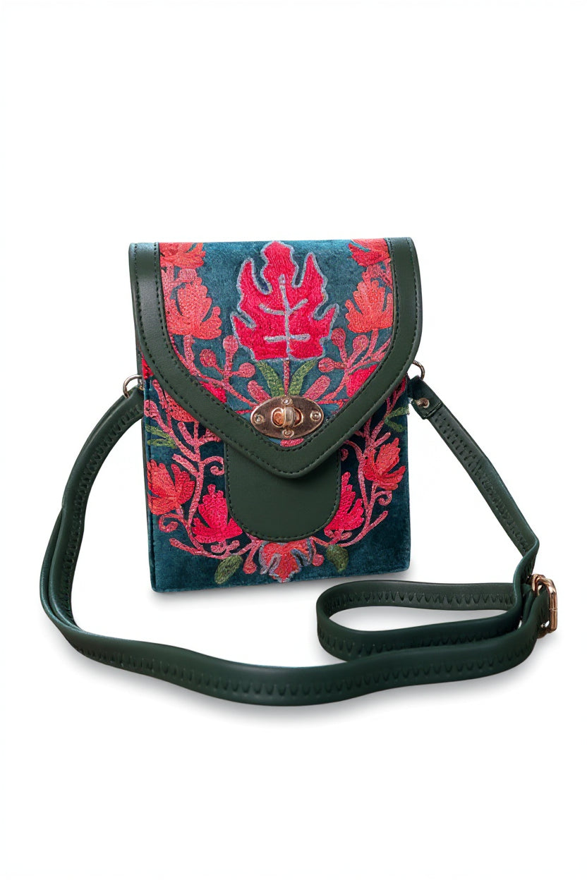 Women mobile Bags With Gorgeous Kashmiri Embroidery - Green
