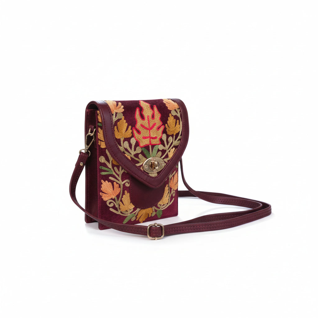 Women mobile Bags With Gorgeous Kashmiri Embroidery - Maroon