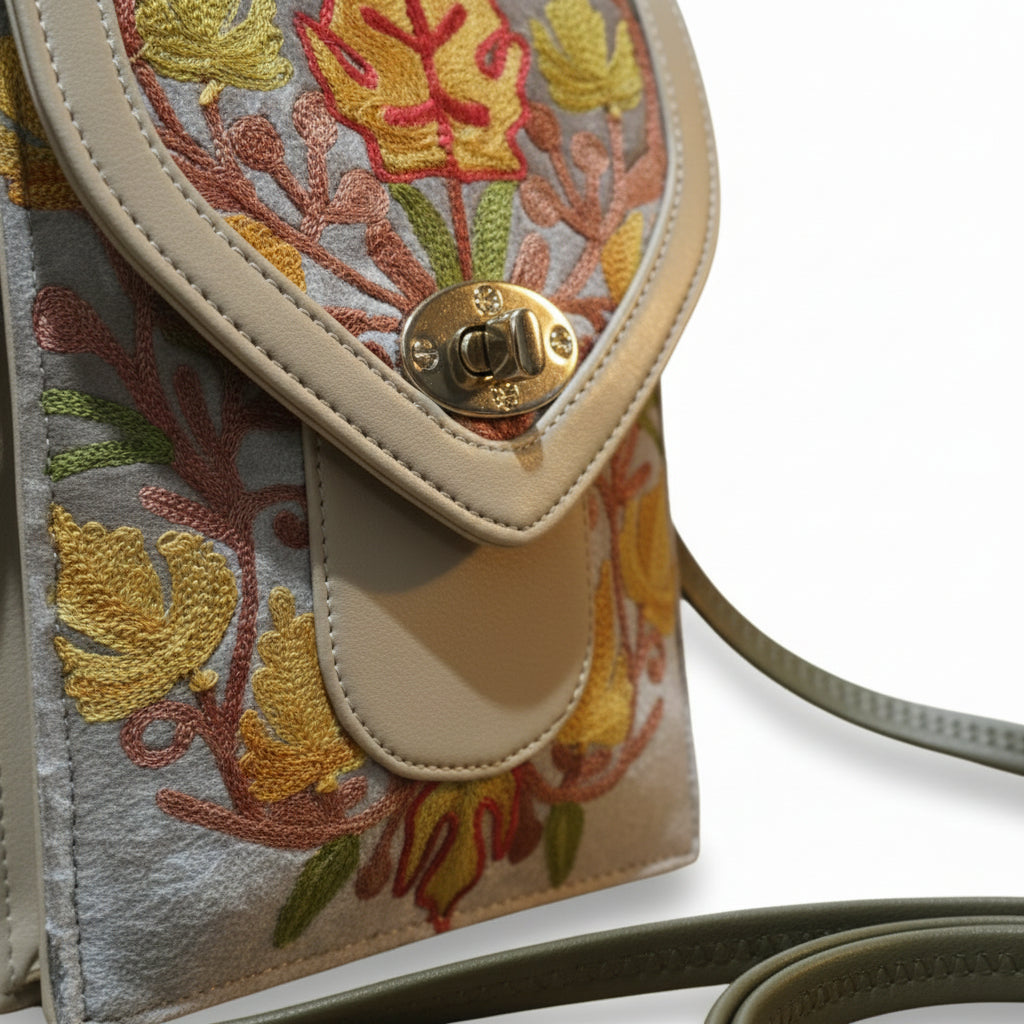Women mobile Bags With Gorgeous Kashmiri Embroidery - Silver