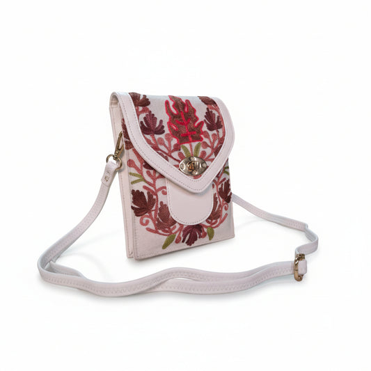 Women mobile Bags With Gorgeous Kashmiri Embroidery - White