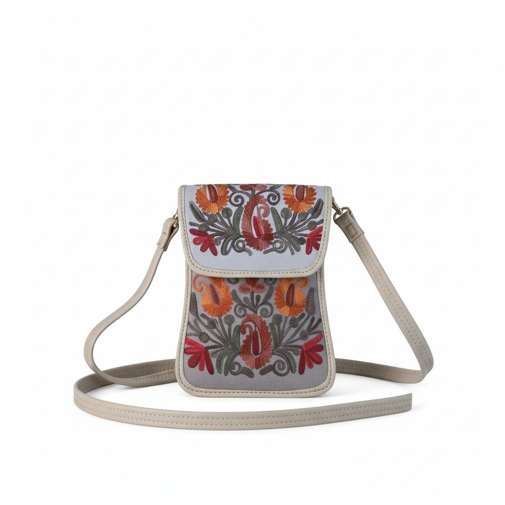 Women passport sling bag with kashmiri aari embroidery - Grey