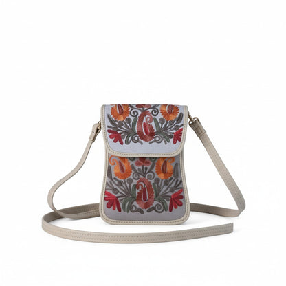Women passport sling bag with kashmiri aari embroidery - Grey