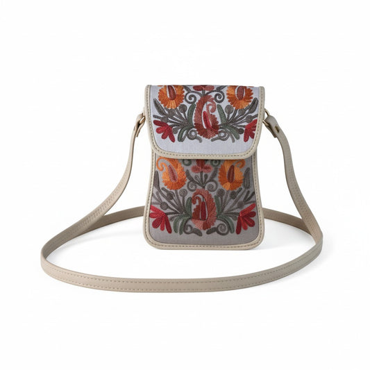 Women passport sling bag with kashmiri aari embroidery - Grey