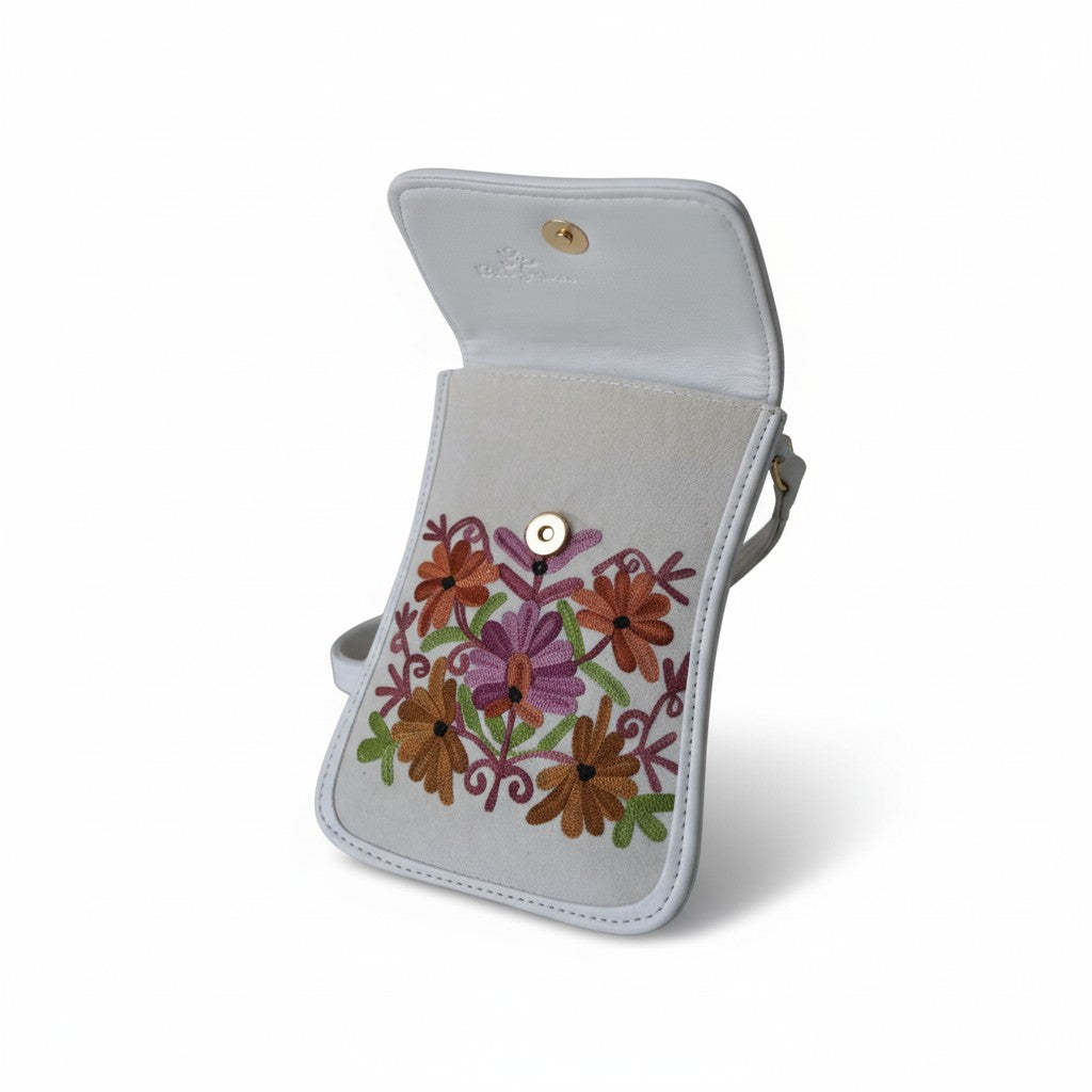 Kashmiri Bags for Women | Passport sling bag with Aari embroidery - White
