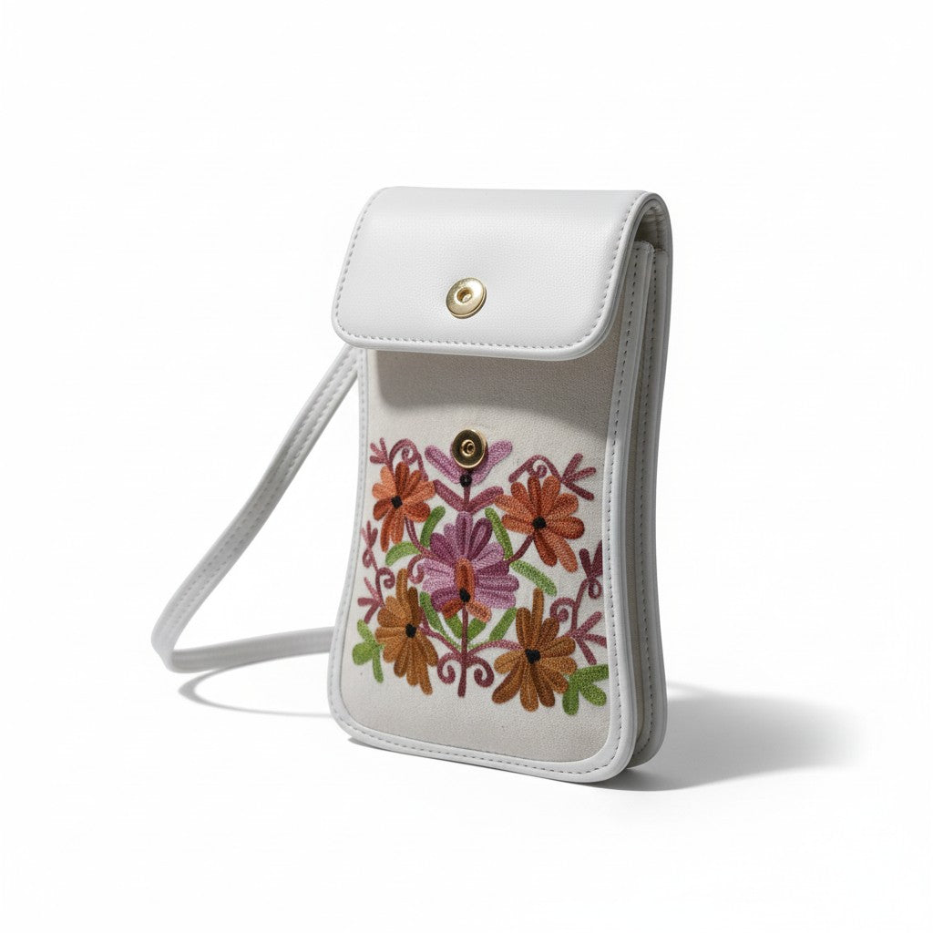 Kashmiri Bags for Women | Passport sling bag with Aari embroidery - White