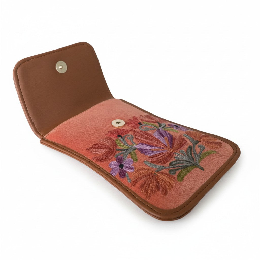 Women passport sling bag with kashmiri aari embroidery - Peach