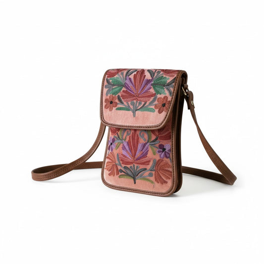 Women passport sling bag with kashmiri aari embroidery - Peach