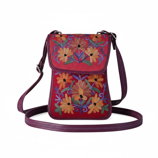 Women passport sling bag with kashmiri aari embroidery - Red