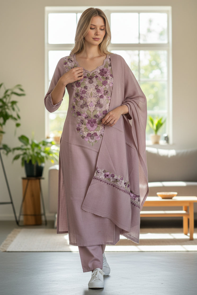 Kashmir Gallery Women Woolen Kashmiri Suits Semi Pashmina - Dusty Rose