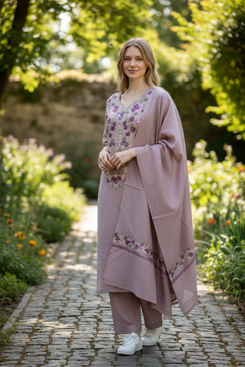 Kashmir Gallery Women Woolen Kashmiri Suits Semi Pashmina - Dusty Rose