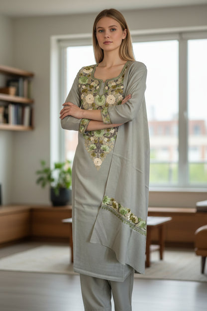 Kashmir Gallery Women Woolen Kashmiri Suits Semi Pashmina - Light Saga