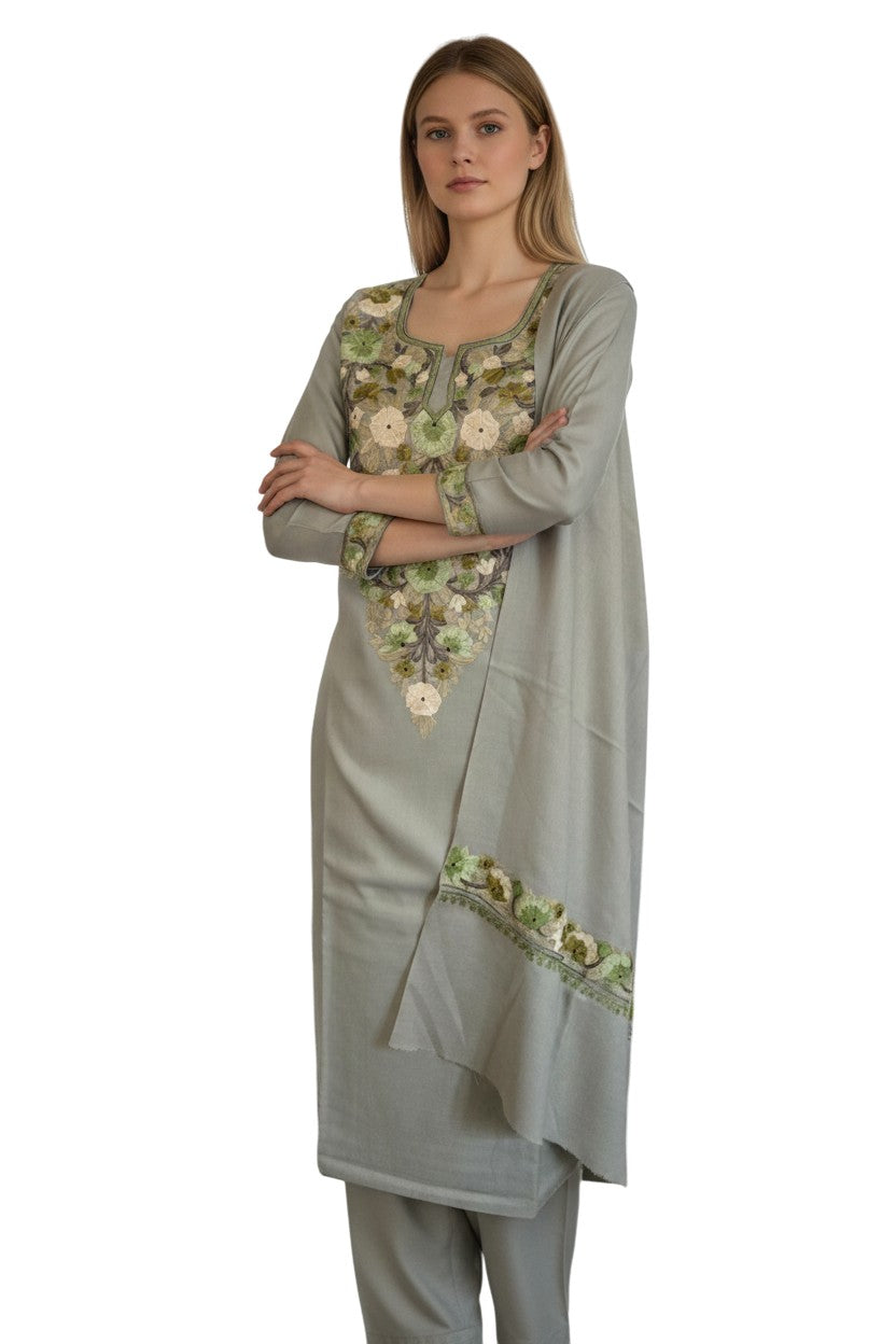 Kashmir Gallery Women Woolen Kashmiri Suits Semi Pashmina - Light Saga