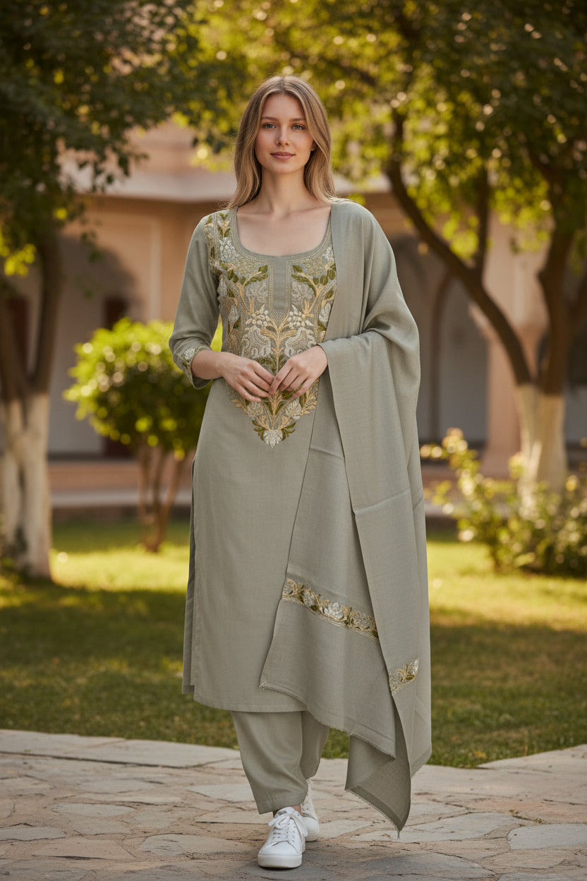 Kashmir Gallery Women Woolen Kashmiri Suits Semi Pashmina - Saga