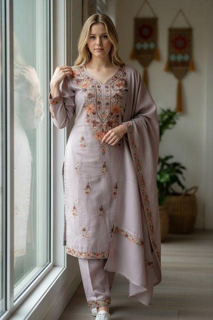 Women Woolen Kashmiri Suits Semi Pashmina Aari Embroidery  - Grey