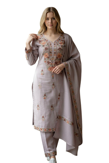 Women Woolen Kashmiri Suits Semi Pashmina Aari Embroidery  - Grey