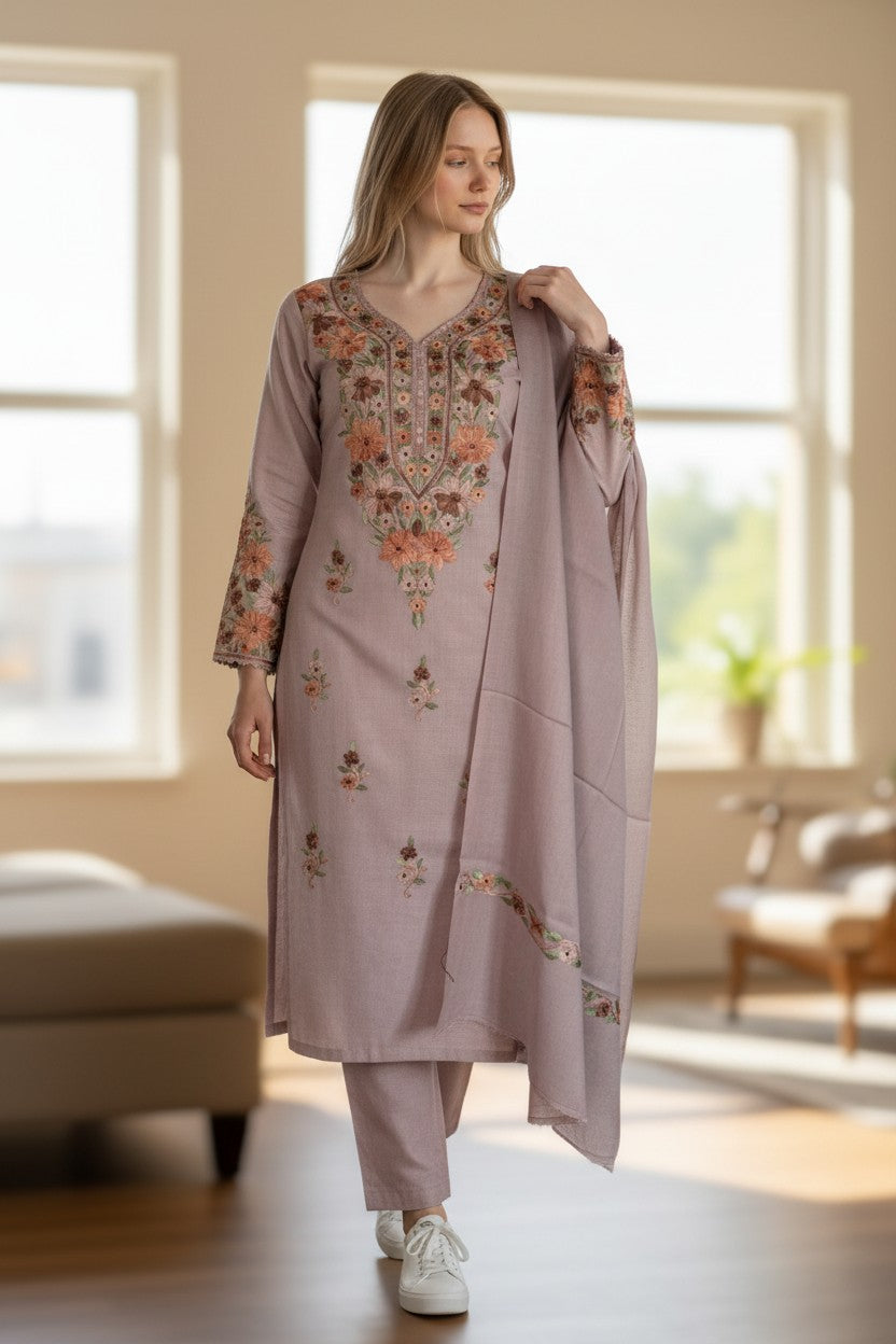 Women Woolen Kashmiri Suits Semi Pashmina Aari Embroidery  - Grey