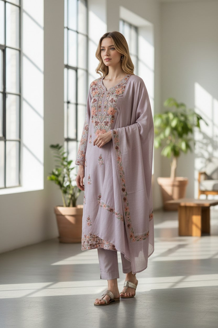 Women Woolen Kashmiri Suits Semi Pashmina Aari Embroidery  - Grey