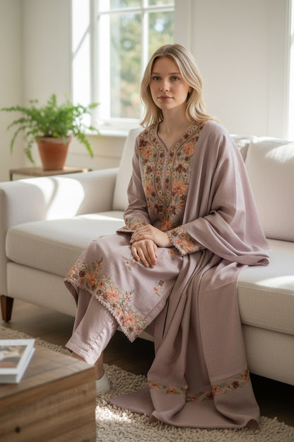 Women Woolen Kashmiri Suits Semi Pashmina Aari Embroidery  - Grey