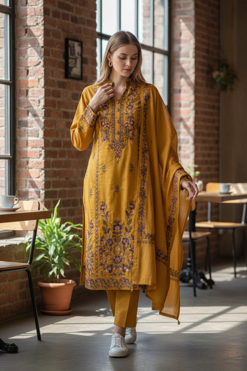 Women Woolen Kashmiri Suits Semi Pashmina Aari Embroidery  - Mustard2
