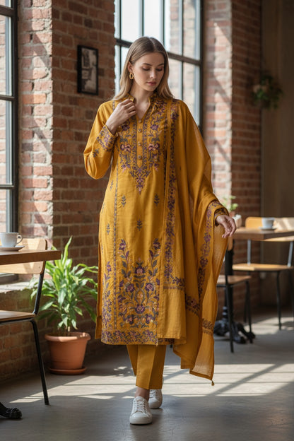 Women Woolen Kashmiri Suits Semi Pashmina Aari Embroidery  - Mustard2