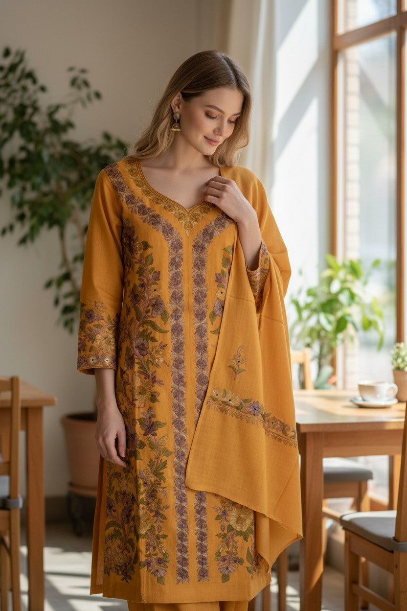 Women Woolen Kashmiri Suits Semi Pashmina Aari Embroidery  - Mustard2
