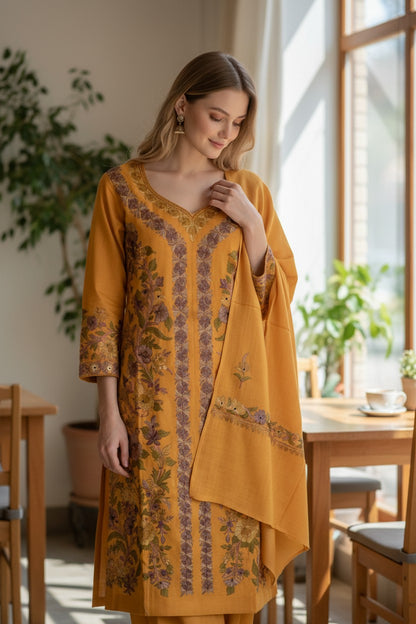 Women Woolen Kashmiri Suits Semi Pashmina Aari Embroidery  - Mustard2