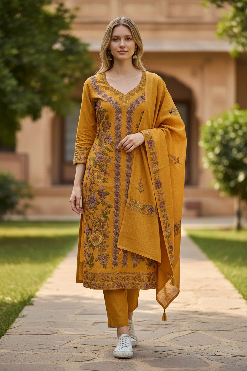 Women Woolen Kashmiri Suits Semi Pashmina Aari Embroidery  - Mustard2