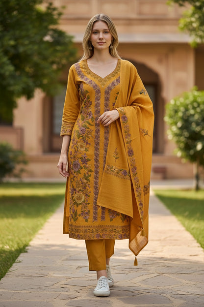 Women Woolen Kashmiri Suits Semi Pashmina Aari Embroidery  - Mustard2