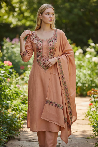 Kashmir Gallery Women Woolen Kashmiri Suits Semi Pashmina - Peach