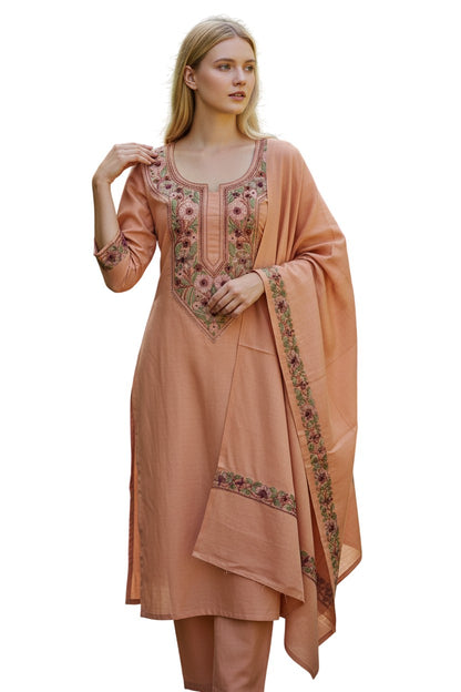 Kashmir Gallery Women Woolen Kashmiri Suits Semi Pashmina - Peach