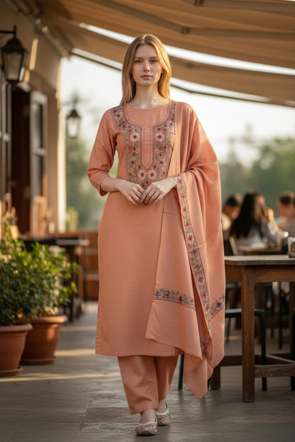 Kashmir Gallery Women Woolen Kashmiri Suits Semi Pashmina - Peach