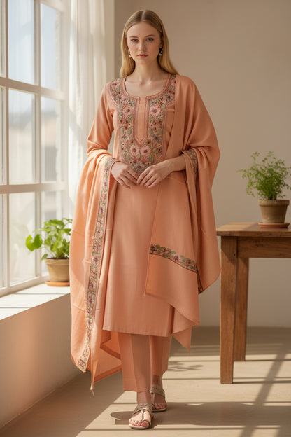 Kashmir Gallery Women Woolen Kashmiri Suits Semi Pashmina - Peach