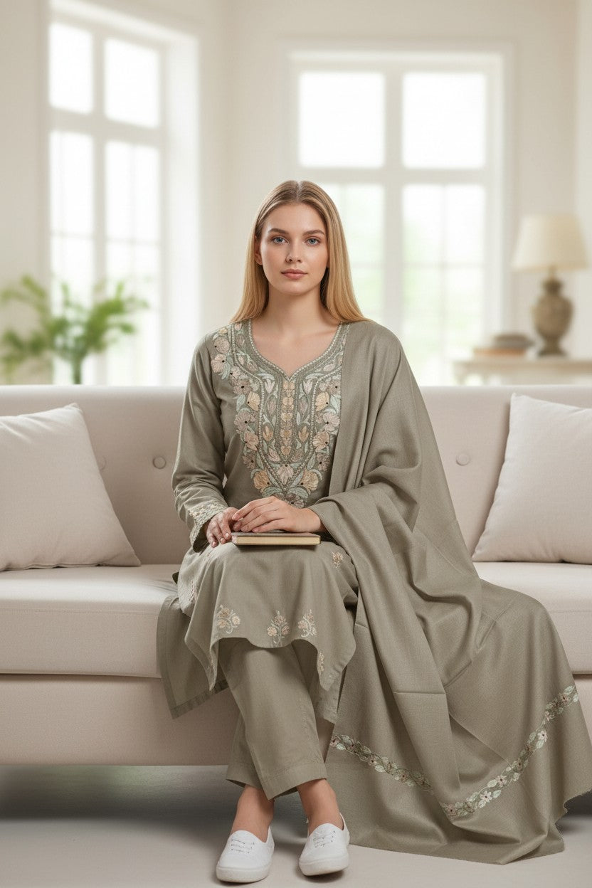 Women Woolen Kashmiri Suits Semi Pashmina Aari Embroidery  - Silver