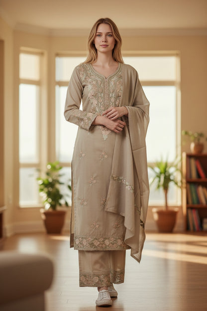 Women Woolen Kashmiri Suits Semi Pashmina Aari Embroidery  - Silver