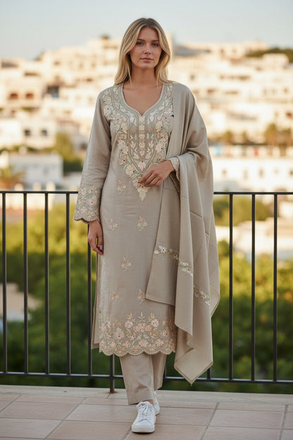 Women Woolen Kashmiri Suits Semi Pashmina Aari Embroidery  - Silver