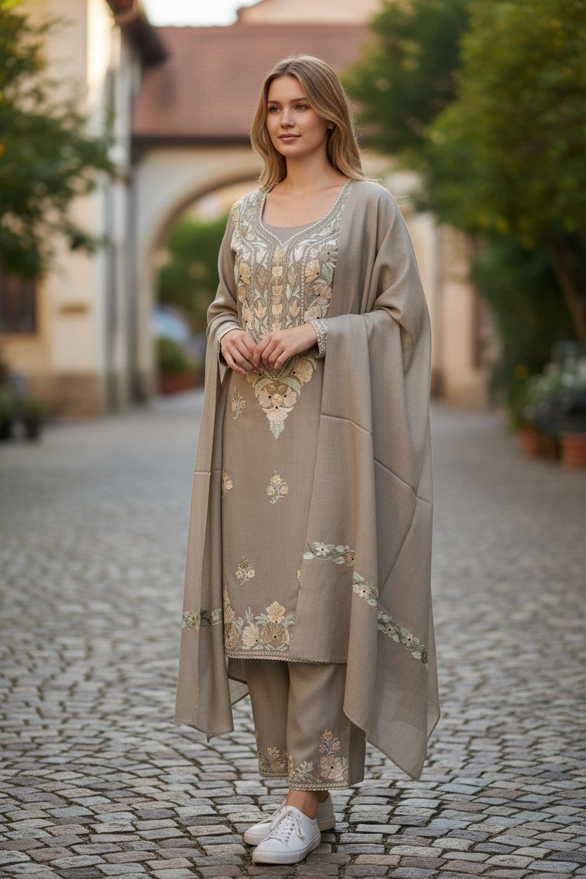 Women Woolen Kashmiri Suits Semi Pashmina Aari Embroidery  - Silver