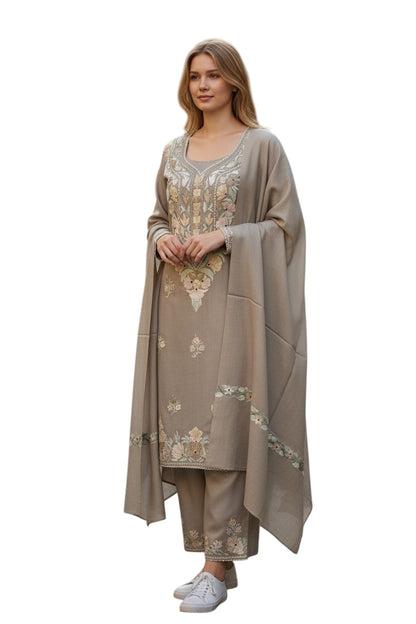Women Woolen Kashmiri Suits Semi Pashmina Aari Embroidery  - Silver