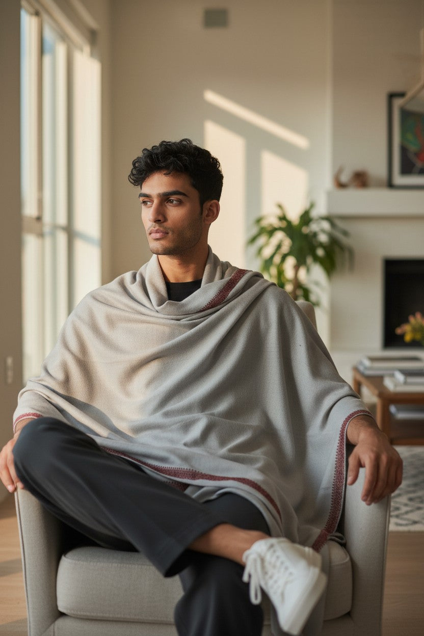 Kashmiri Wool Shawl for Men | Handcrafted Embroidery | Soft & Warm Winter Shawl | Traditional Ethnic Men’s Wrap - White