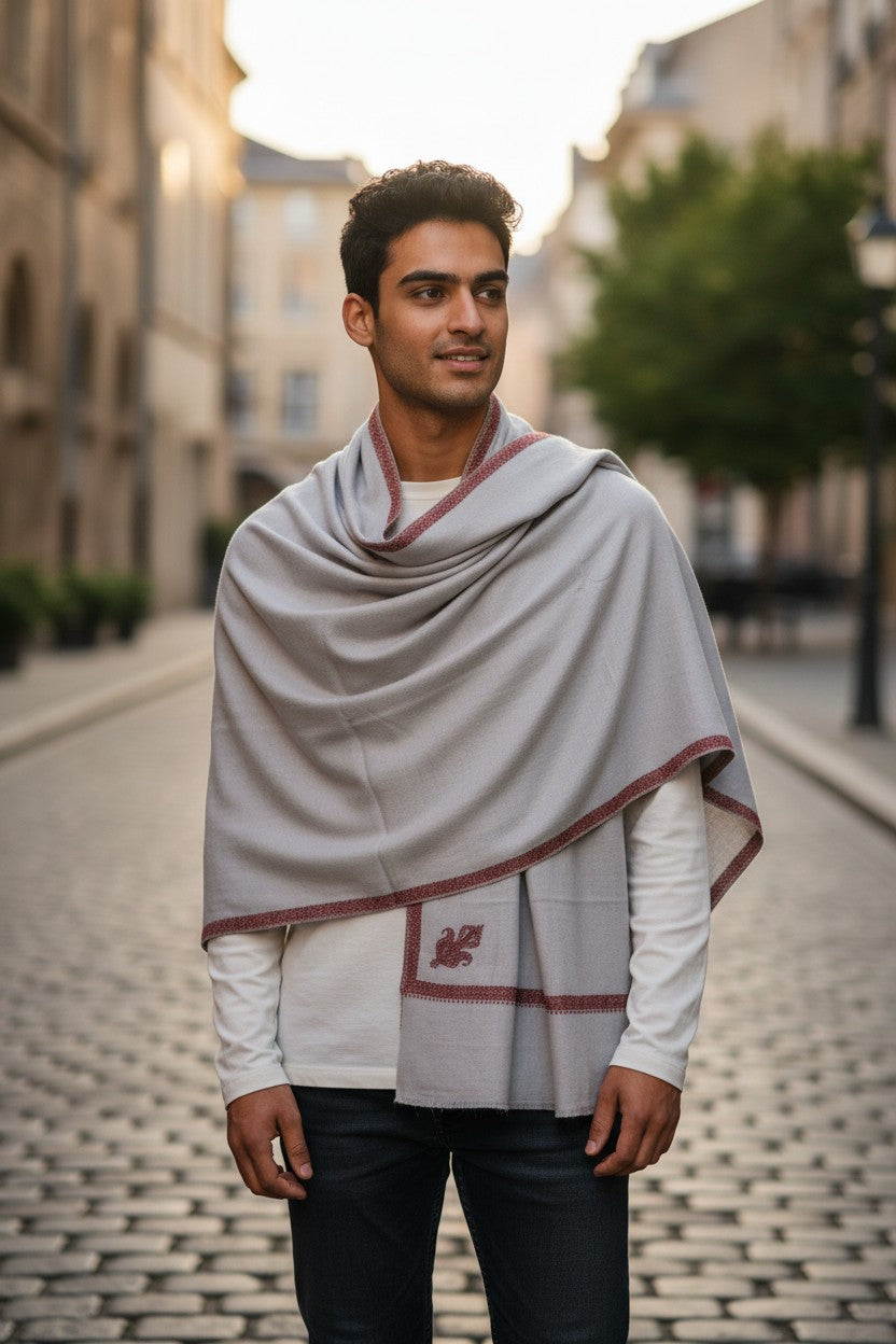 Kashmiri Wool Shawl for Men | Handcrafted Embroidery | Soft & Warm Winter Shawl | Traditional Ethnic Men’s Wrap - White