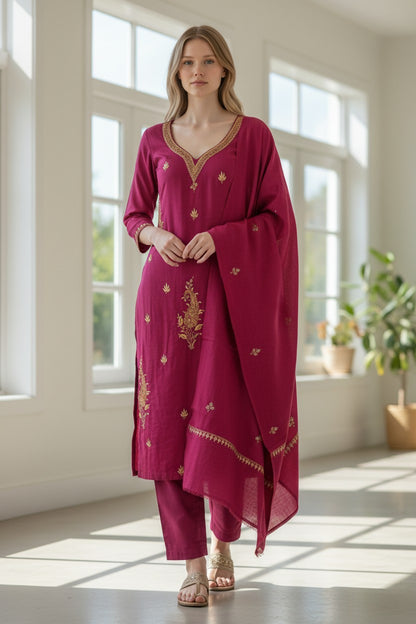 Women Woolen Kashmiri Suits Semi Pashmina Sozni Embroidery  - Maroon