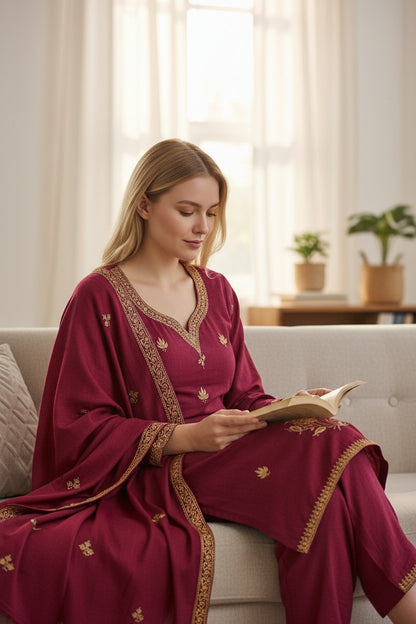 Women Woolen Kashmiri Suits Semi Pashmina Sozni Embroidery  - Maroon