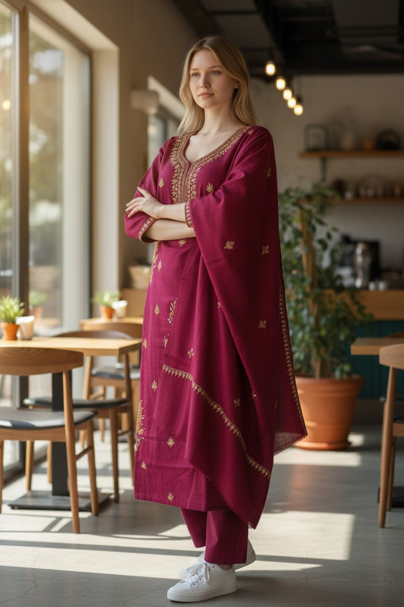 Women Woolen Kashmiri Suits Semi Pashmina Sozni Embroidery  - Maroon