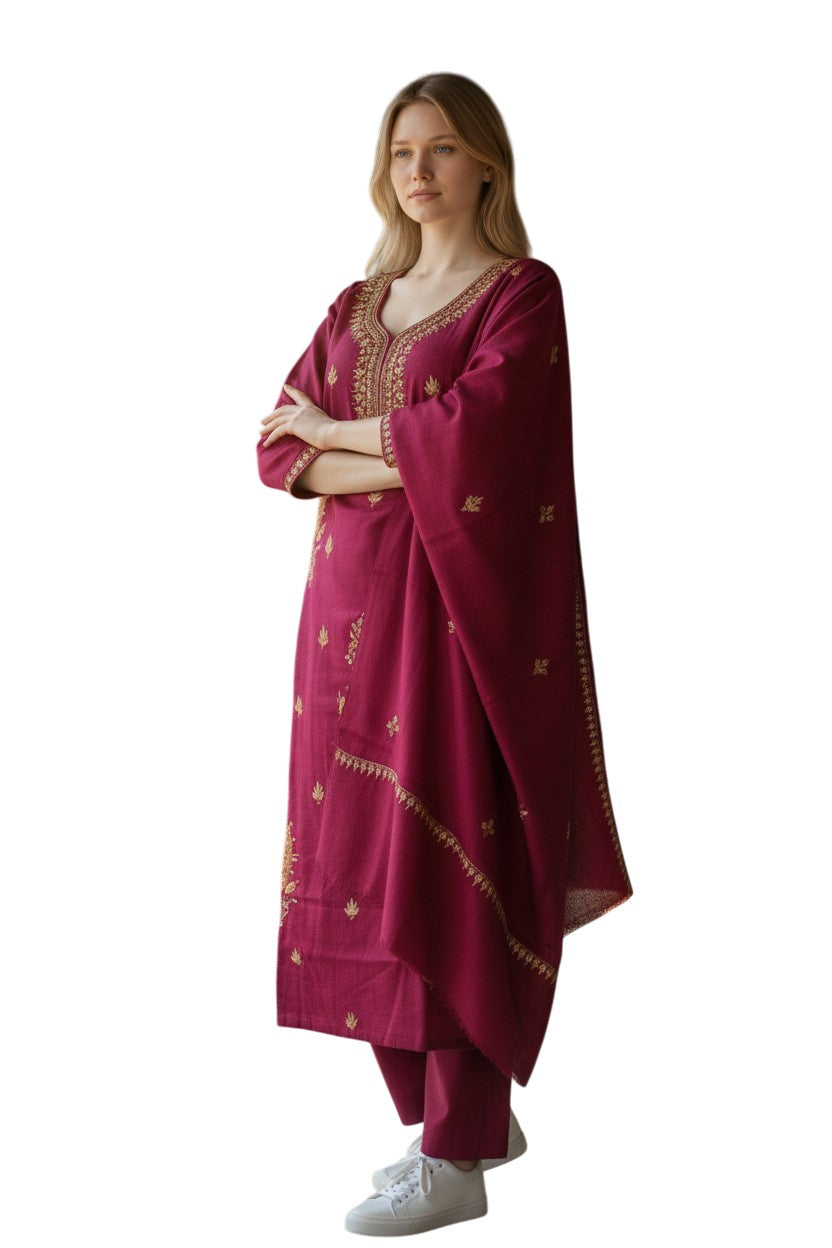 Women Woolen Kashmiri Suits Semi Pashmina Sozni Embroidery  - Maroon