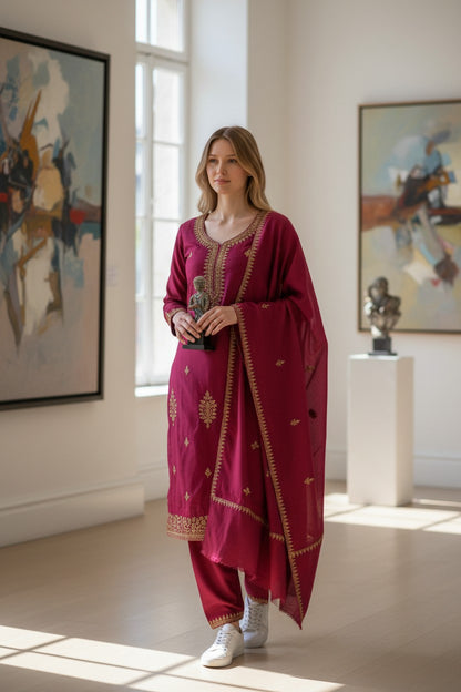 Women Woolen Kashmiri Suits Semi Pashmina Sozni Embroidery  - Maroon