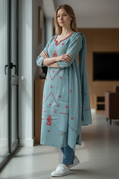 Women Woolen Kashmiri Suits Semi Pashmina Sozni Embroidery  - Turquoise
