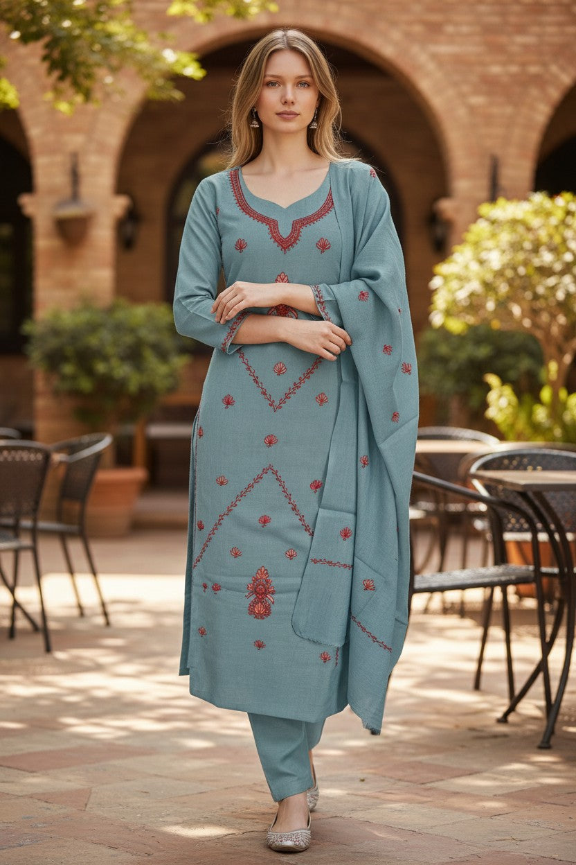 Women Woolen Kashmiri Suits Semi Pashmina Sozni Embroidery  - Turquoise