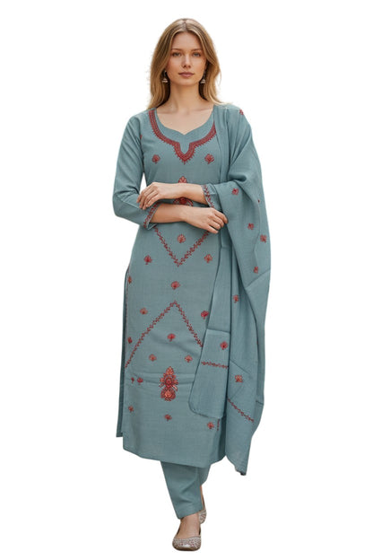 Women Woolen Kashmiri Suits Semi Pashmina Sozni Embroidery  - Turquoise