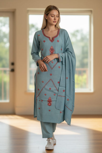 Women Woolen Kashmiri Suits Semi Pashmina Sozni Embroidery  - Turquoise