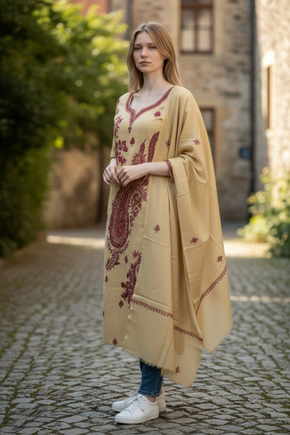 Women Woolen Kashmiri Suits Semi Pashmina Hand Sozni Embroidery  - Beige